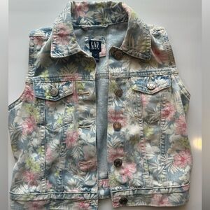 GAP Girls Floral Denim Vest - Light Blue with Pink & Yellow Flowers small 5/6